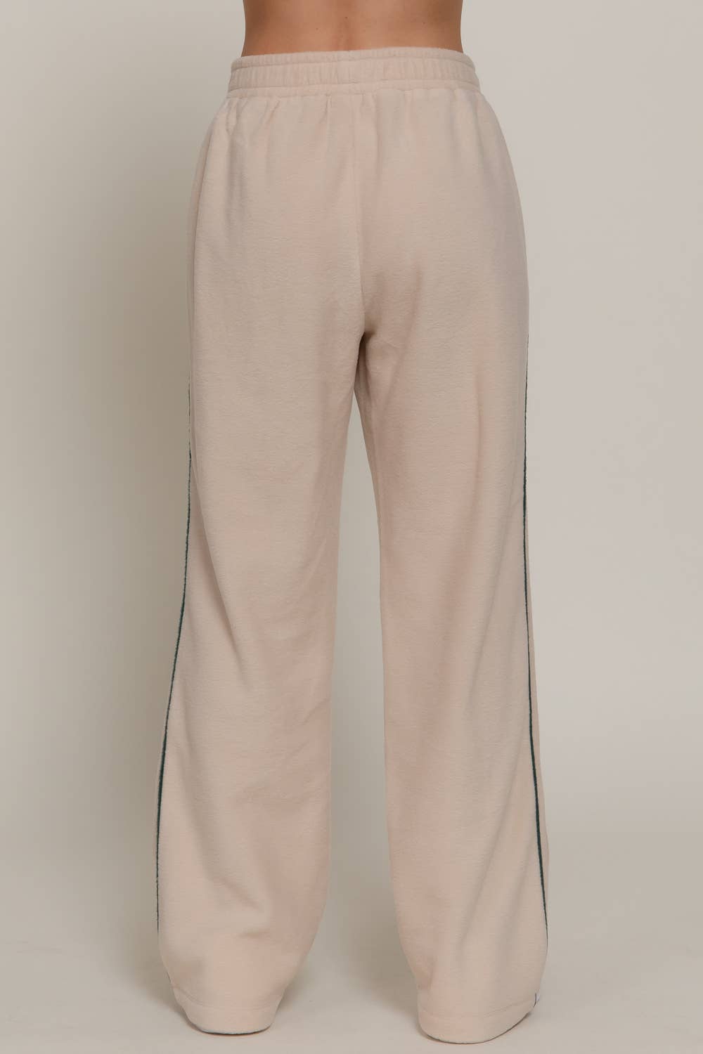 Wide Leg Piping Detail Fleece Pants with Embroidery