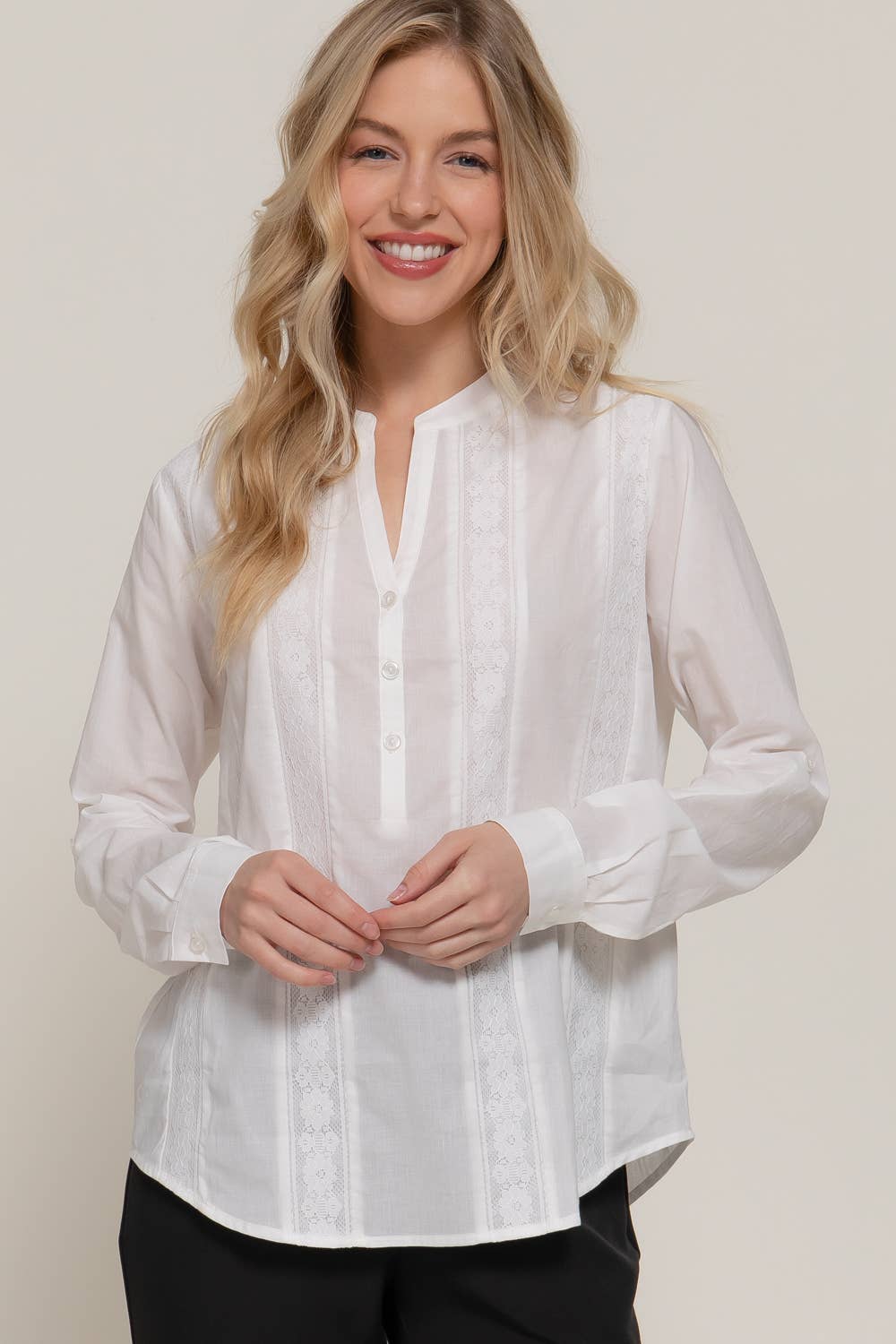Long Sleeve Lace Panel Woven Blouse
