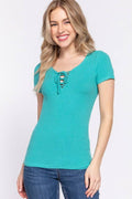 Short Sleeve Round Neck With Lace up Detail Rayon
