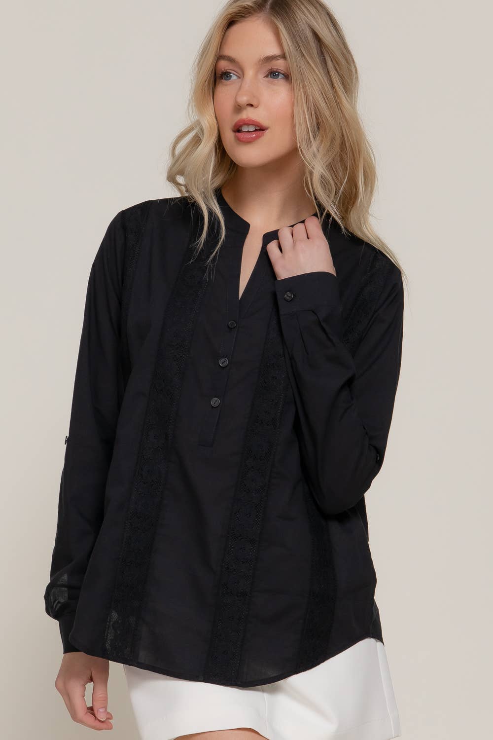 Long Sleeve Lace Panel Woven Blouse
