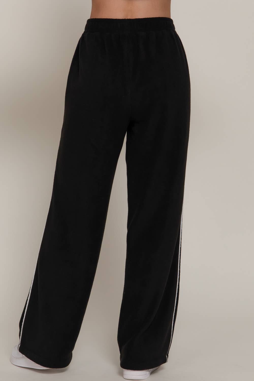 Wide Leg Piping Detail Fleece Pants with Embroidery