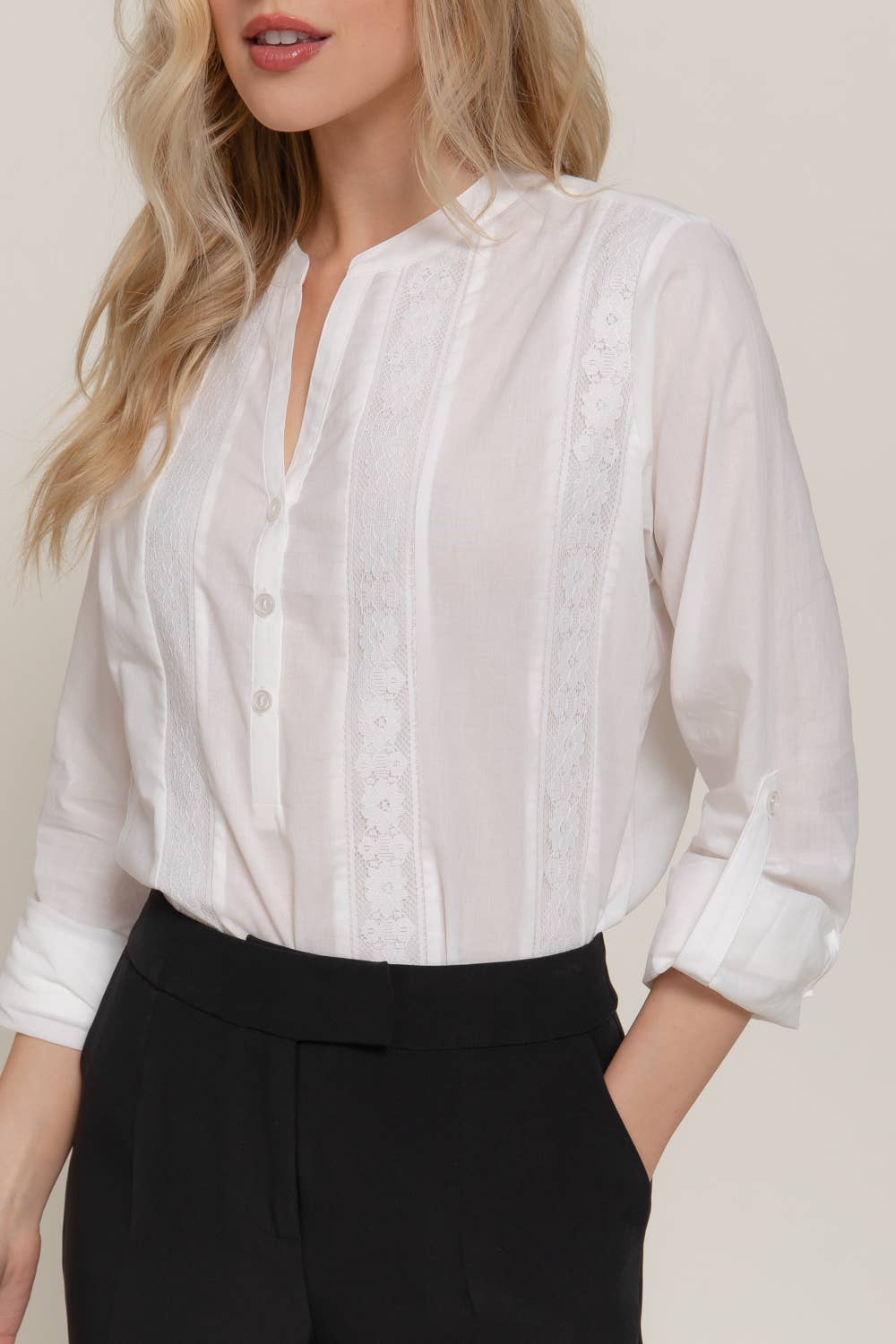 Long Sleeve Lace Panel Woven Blouse