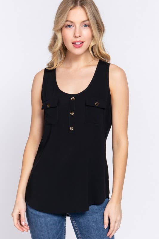 Sleeveless Scoop Neck Buttoned Pocket Woven Top