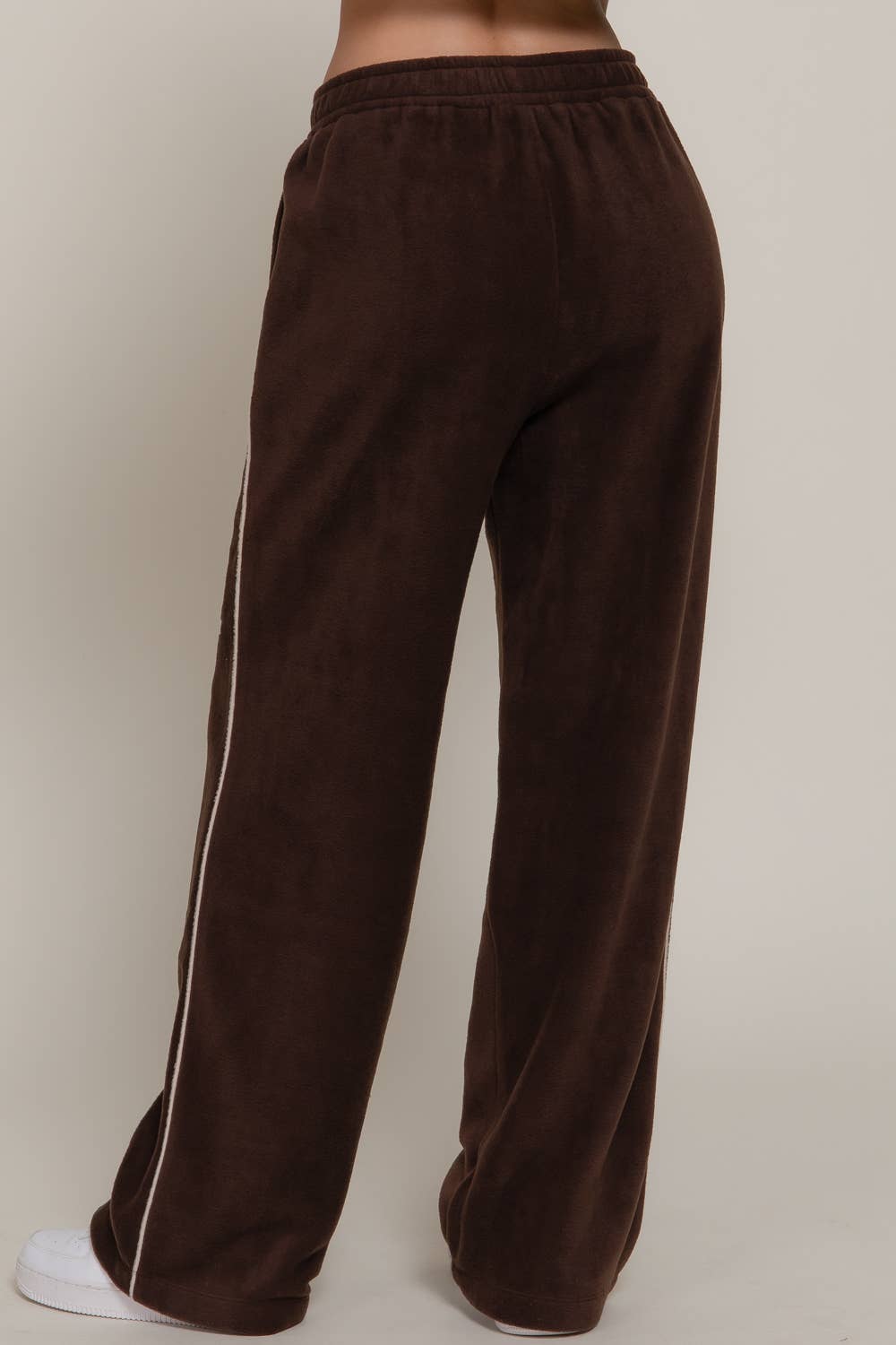 Wide Leg Piping Detail Fleece Pants with Embroidery