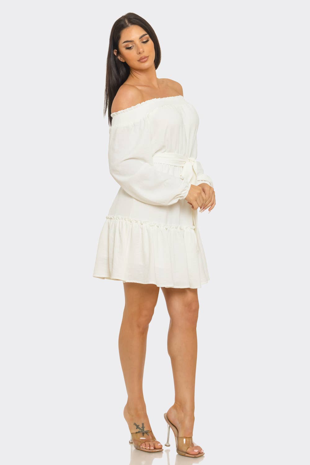 Elastic Shirring Off Shoulder Waist Belt Tie Dress