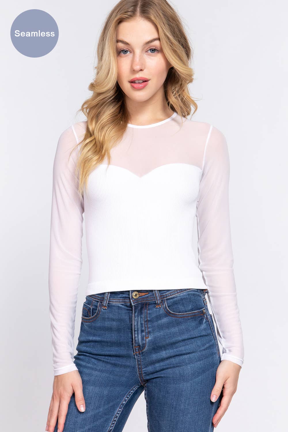 Long Sleeve Round Neck Mesh Combination Seamless Top