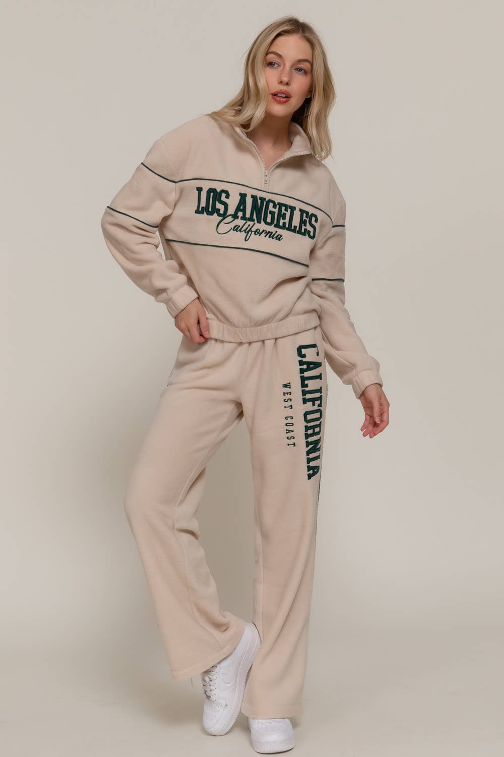 Wide Leg Piping Detail Fleece Pants with Embroidery