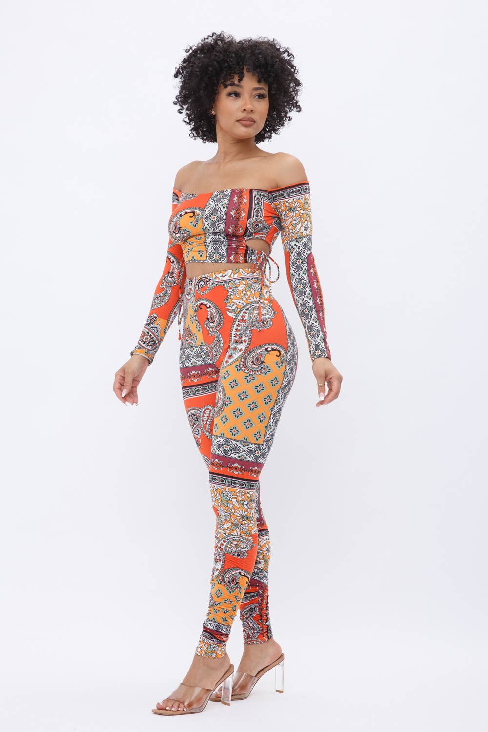 Off Shoulder Open Side Tie Long Sleeve Crop Top Leggings Set