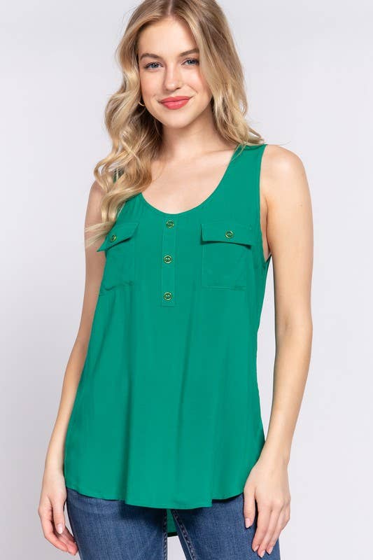 Sleeveless Scoop Neck Buttoned Pocket Woven Top