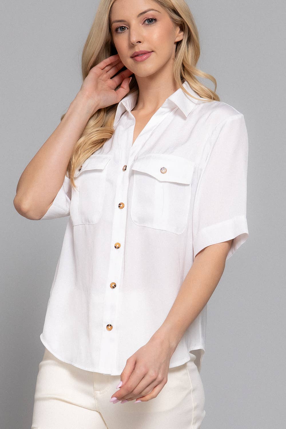 Short Sleeve Button Down Washed Dull Satin Shirt