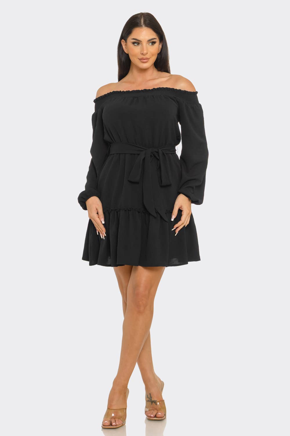 Elastic Shirring Off Shoulder Waist Belt Tie Dress