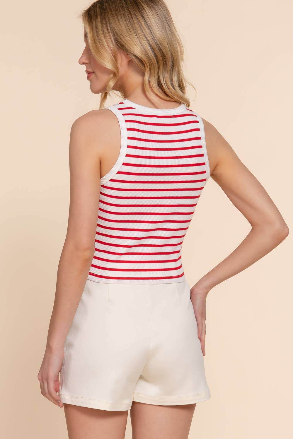 Sleeveless Round Neck Stripe Cotton Rib Knit Top