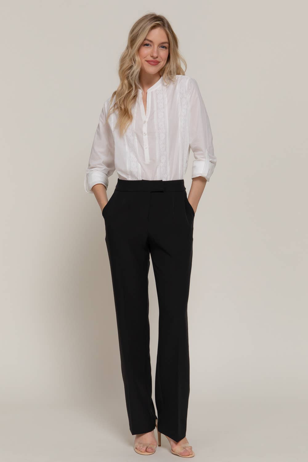 Long Sleeve Lace Panel Woven Blouse