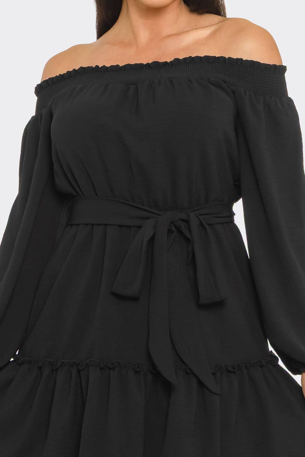 Elastic Shirring Off Shoulder Waist Belt Tie Dress