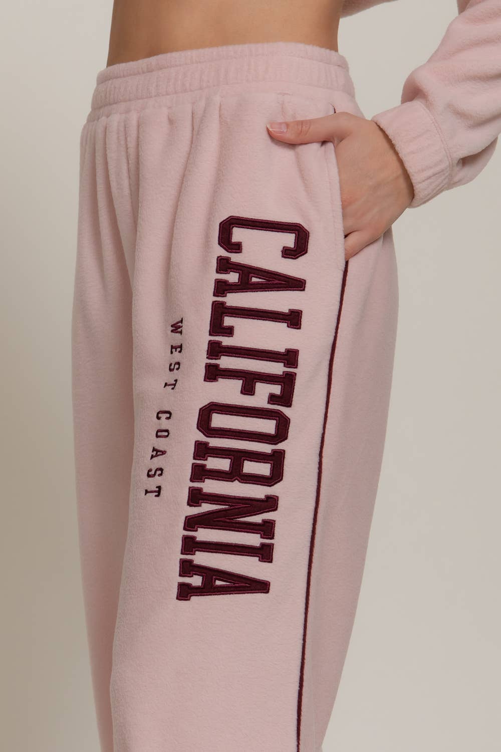 Wide Leg Piping Detail Fleece Pants with Embroidery