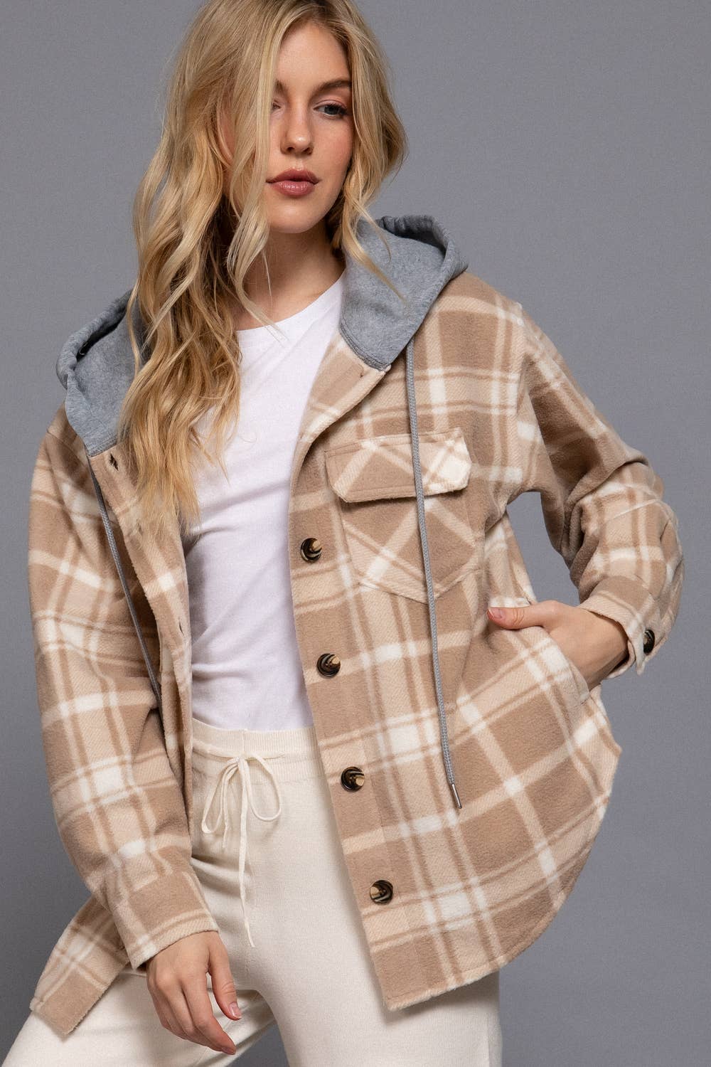Long Sleeve Plaid Button Down with Hoodie Fleece Jacket
