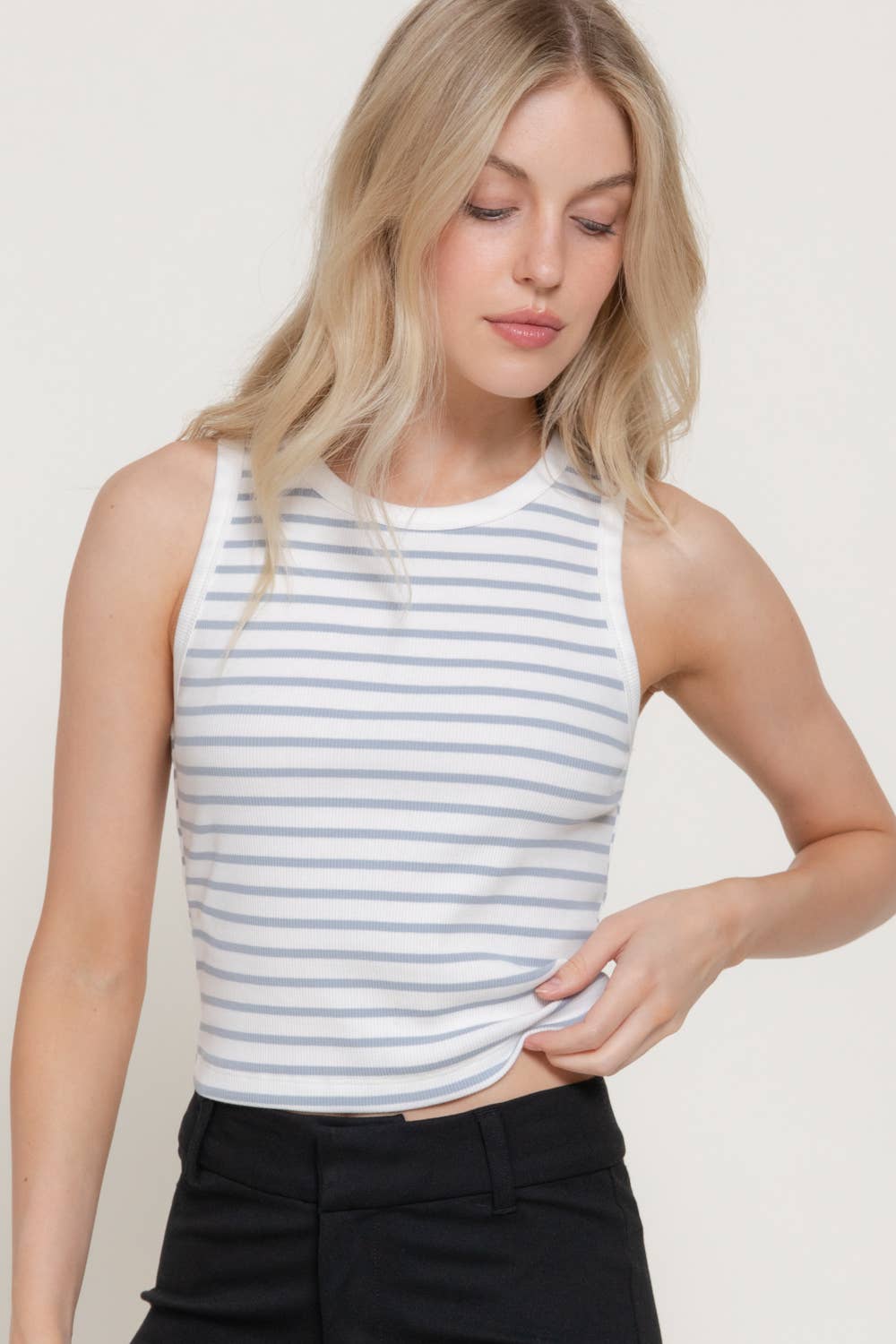 Sleeveless Round Neck Stripe Cotton Rib Knit Top