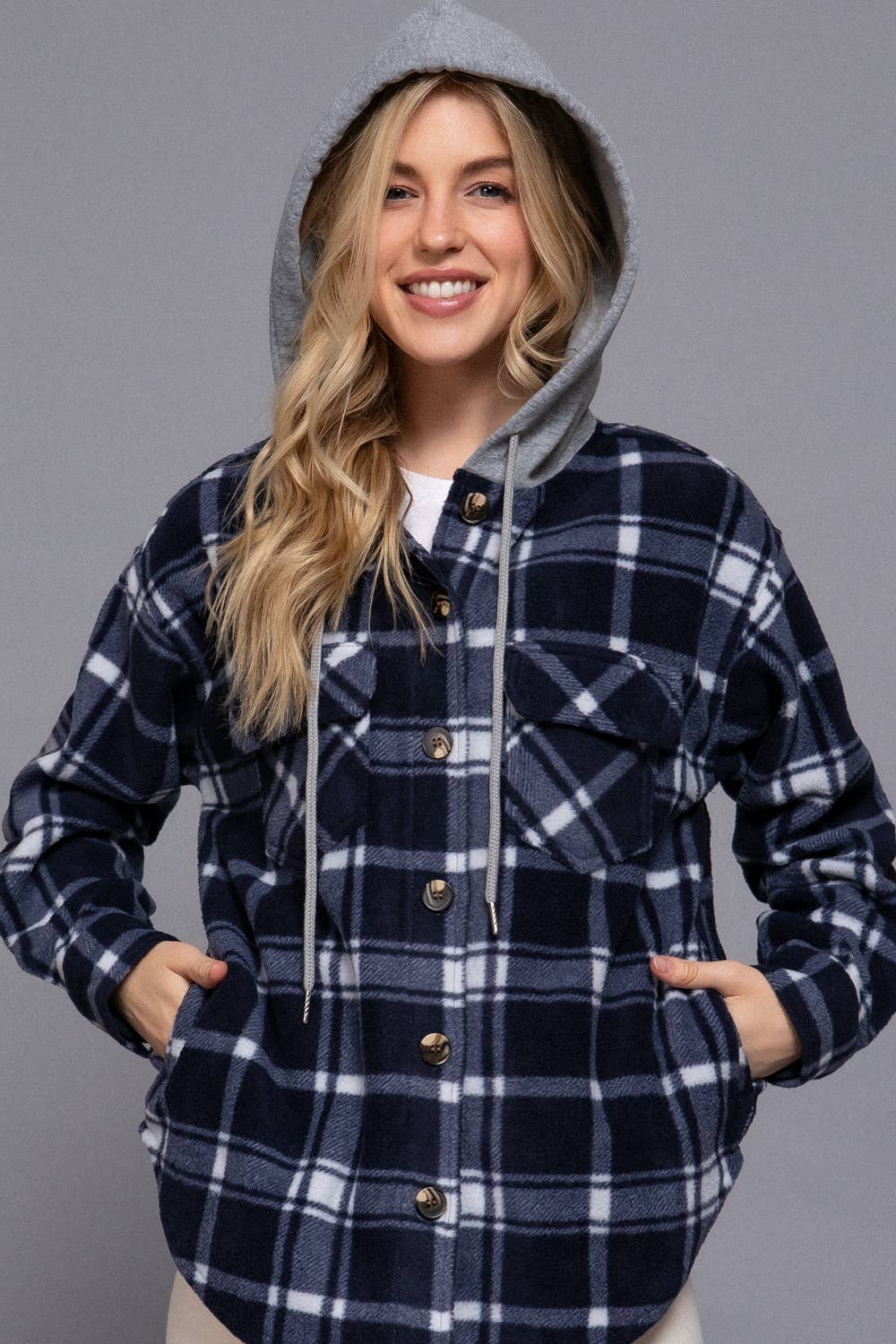 Long Sleeve Plaid Button Down with Hoodie Fleece Jacket