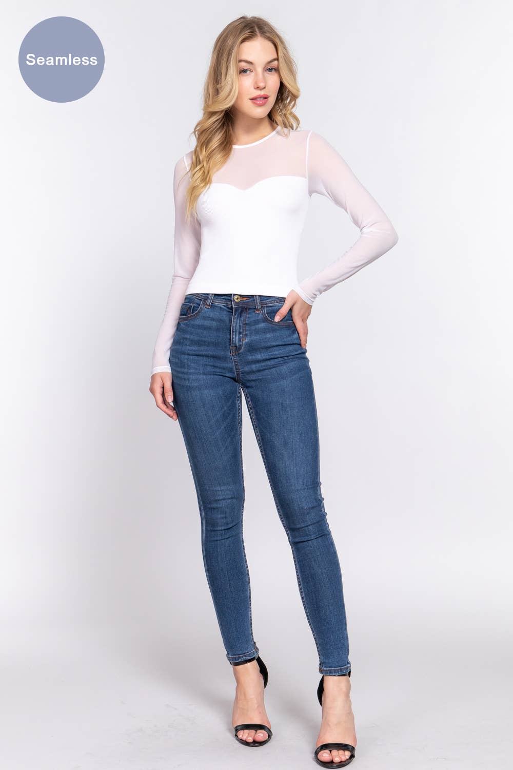 Long Sleeve Round Neck Mesh Combination Seamless Top