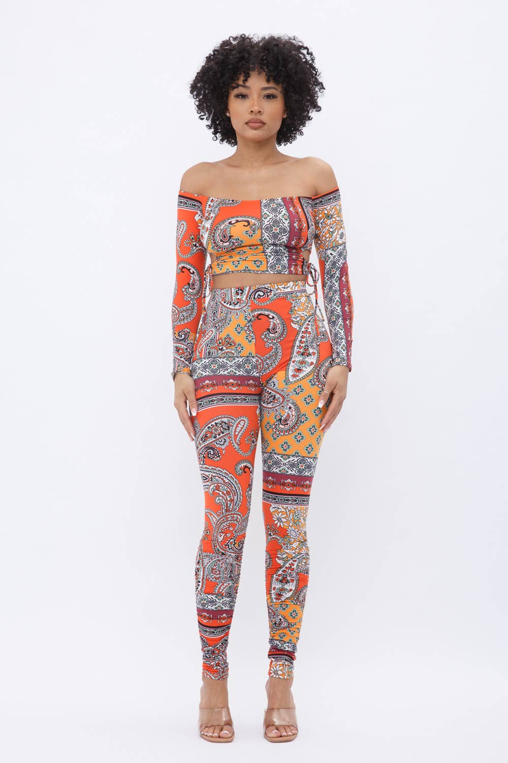 Off Shoulder Open Side Tie Long Sleeve Crop Top Leggings Set