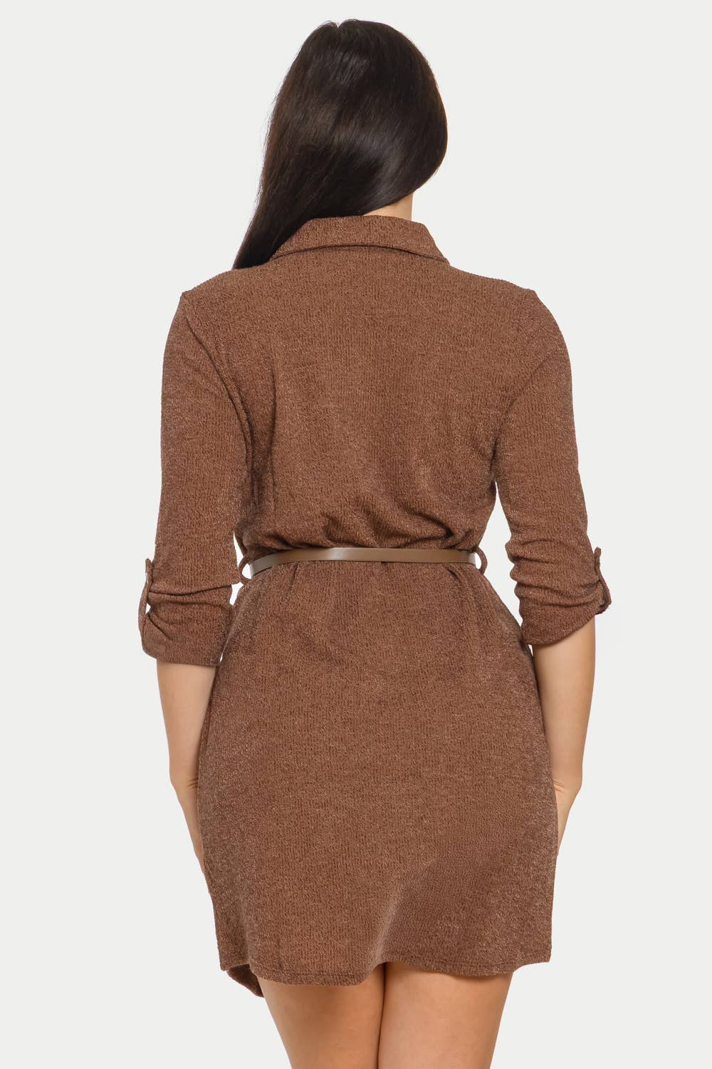 Button-Down Belted Ribbed Midi Dress