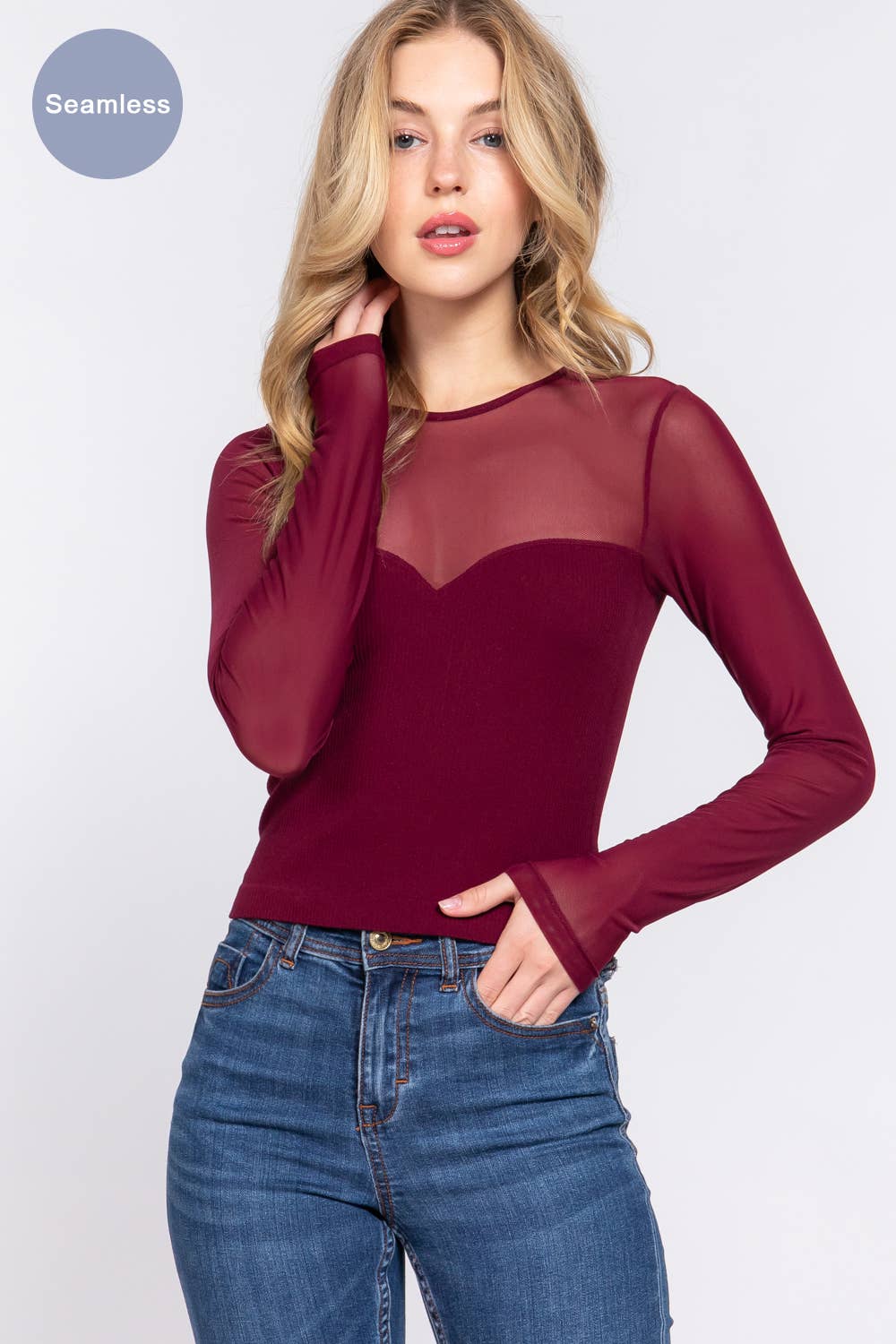 Long Sleeve Round Neck Mesh Combination Seamless Top