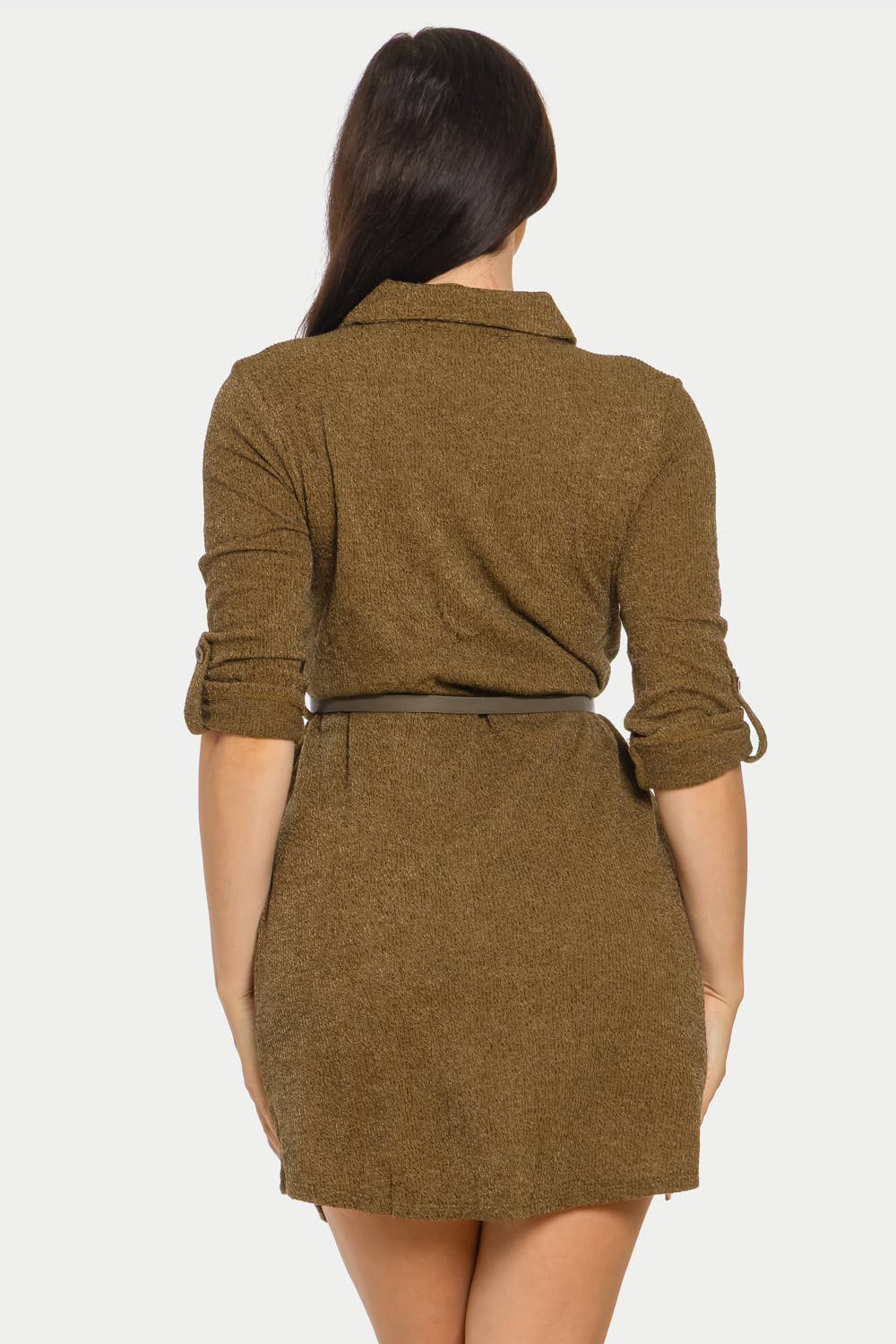 Button-Down Belted Ribbed Midi Dress