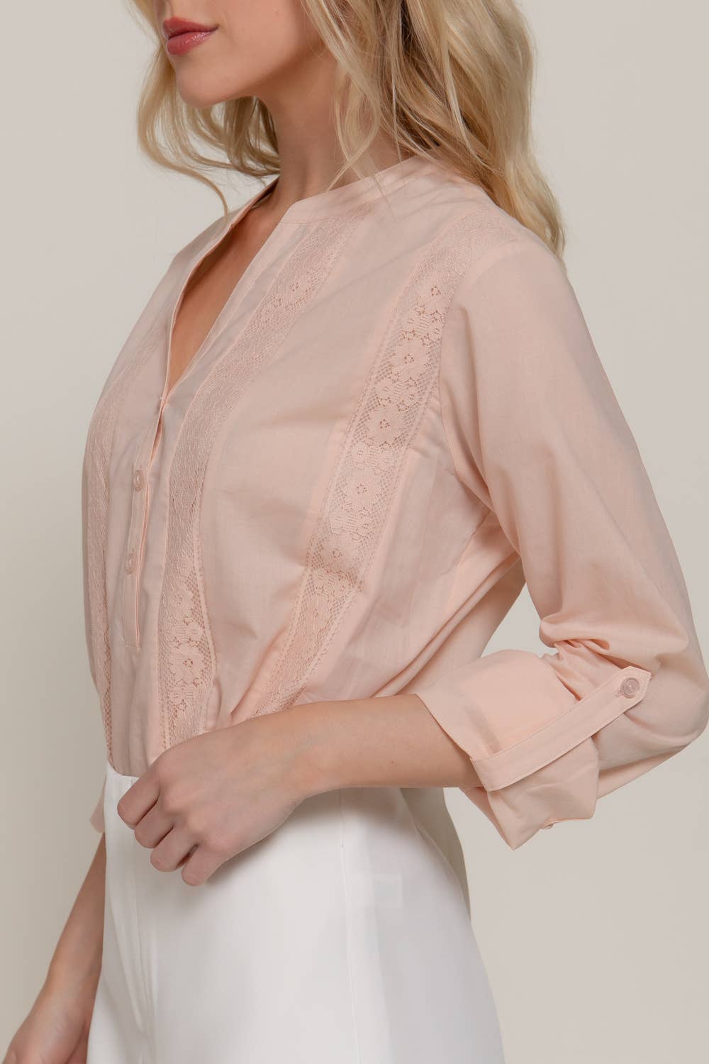 Long Sleeve Lace Panel Woven Blouse
