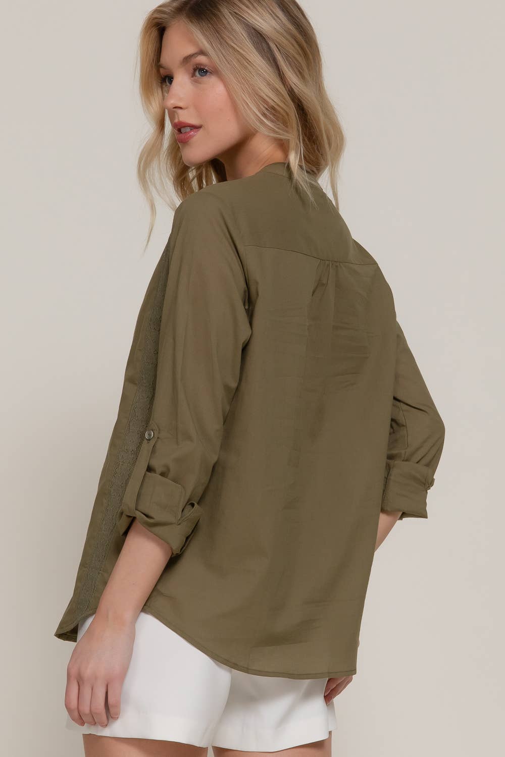 Long Sleeve Lace Panel Woven Blouse