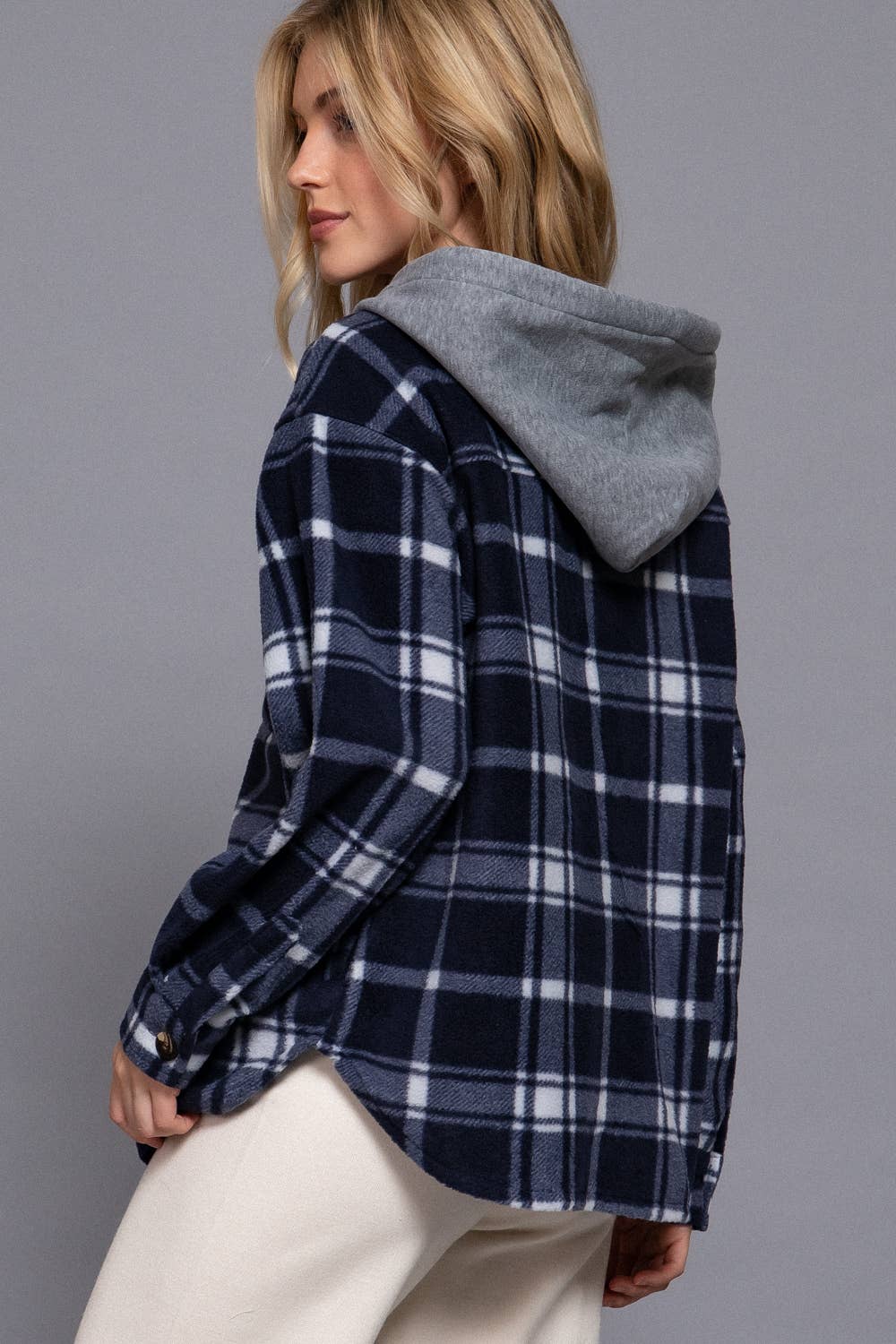Long Sleeve Plaid Button Down with Hoodie Fleece Jacket