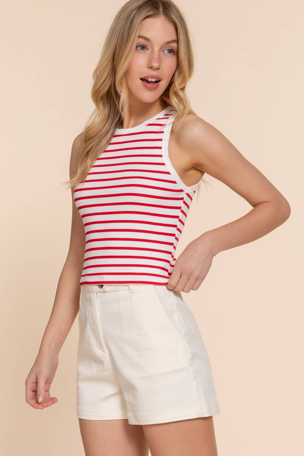 Sleeveless Round Neck Stripe Cotton Rib Knit Top