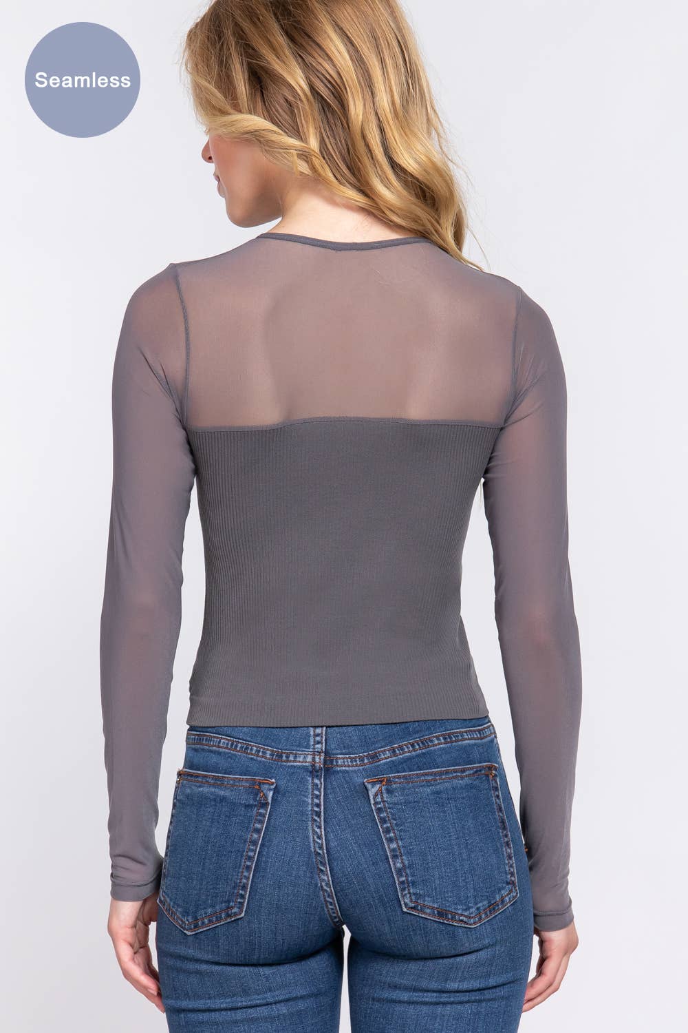 Long Sleeve Round Neck Mesh Combination Seamless Top