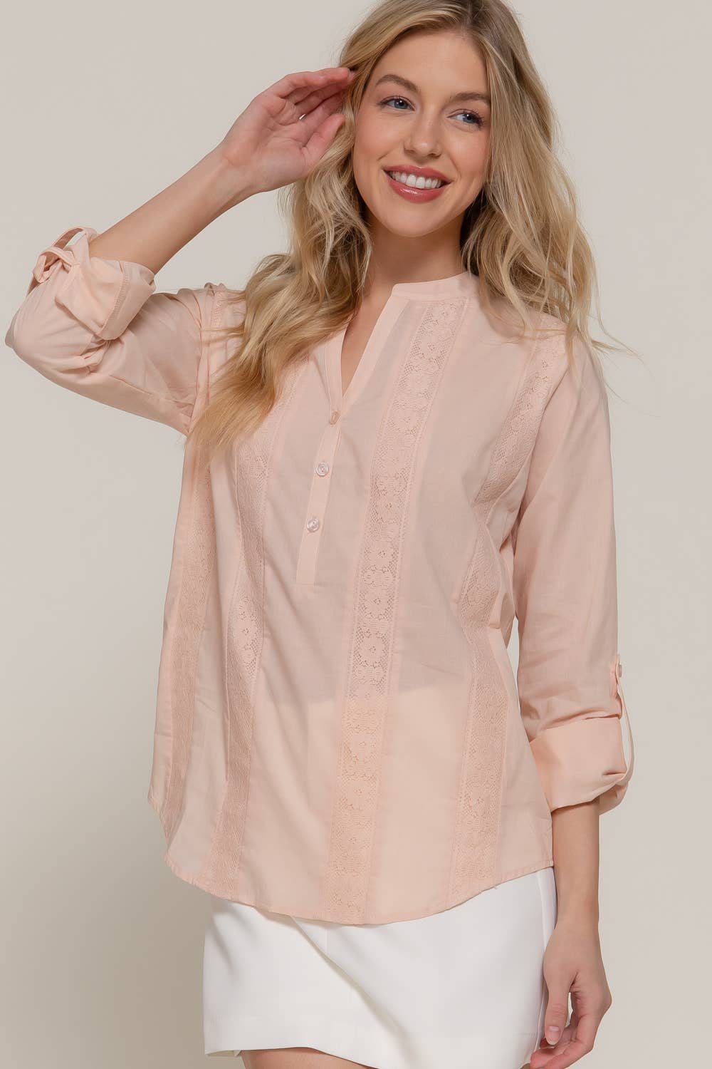 Long Sleeve Lace Panel Woven Blouse