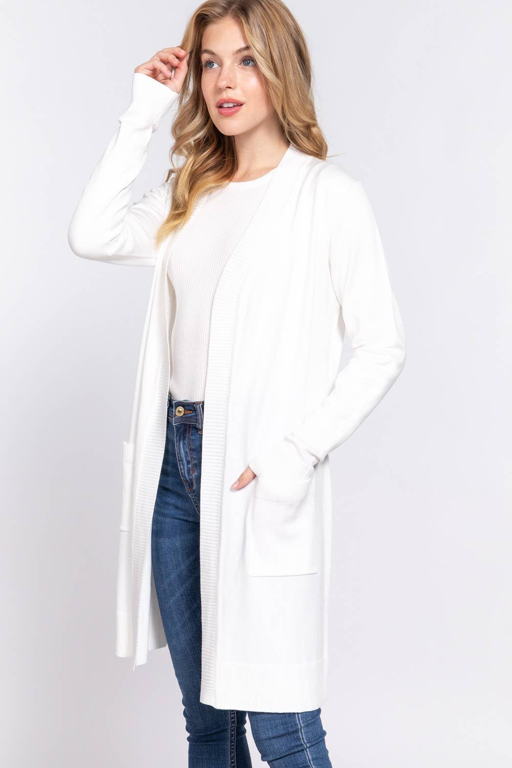 Long Sleeve Rib Banded Open Tunic Sweater Cardigan