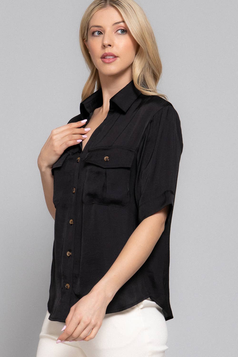 Short Sleeve Button Down Washed Dull Satin Shirt