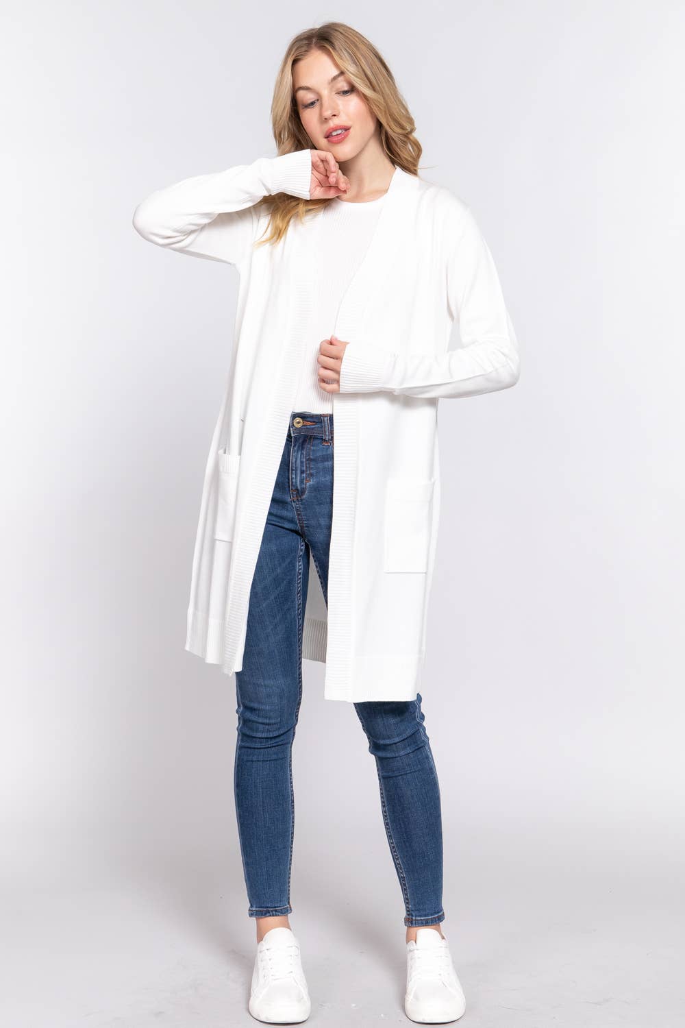 Long Sleeve Rib Banded Open Tunic Sweater Cardigan