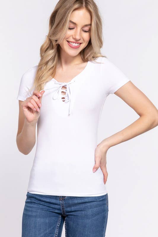 Short Sleeve Round Neck With Lace up Detail Rayon