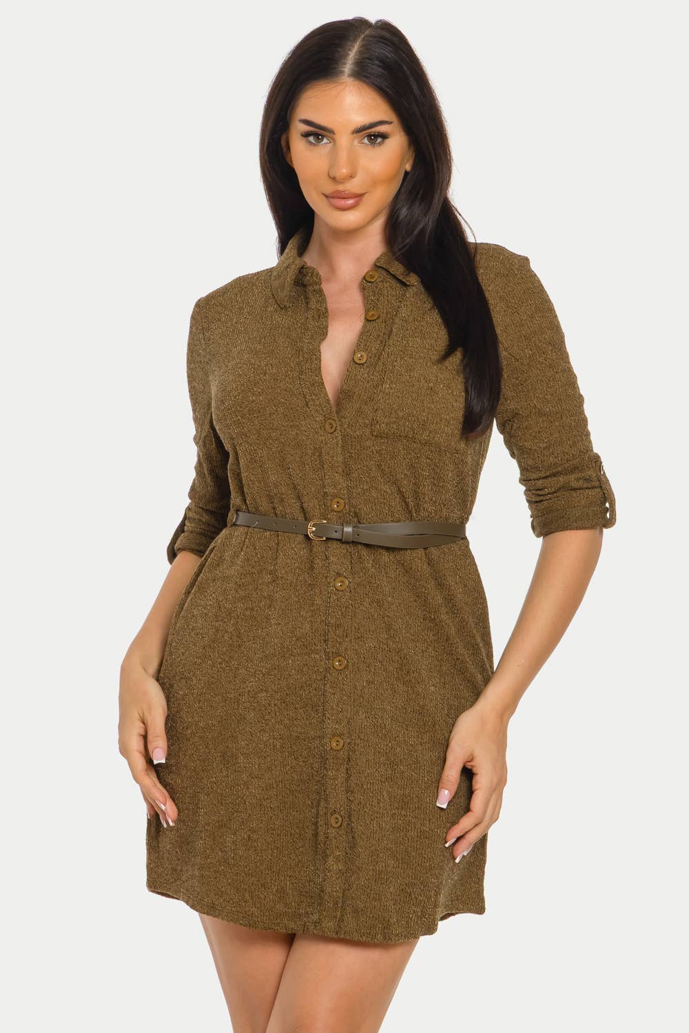 Button-Down Belted Ribbed Midi Dress