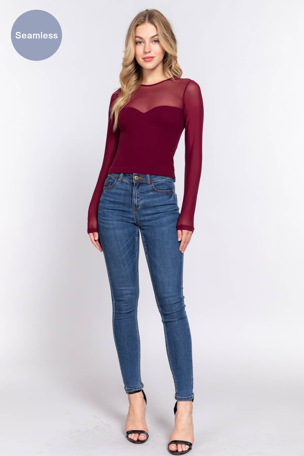 Long Sleeve Round Neck Mesh Combination Seamless Top