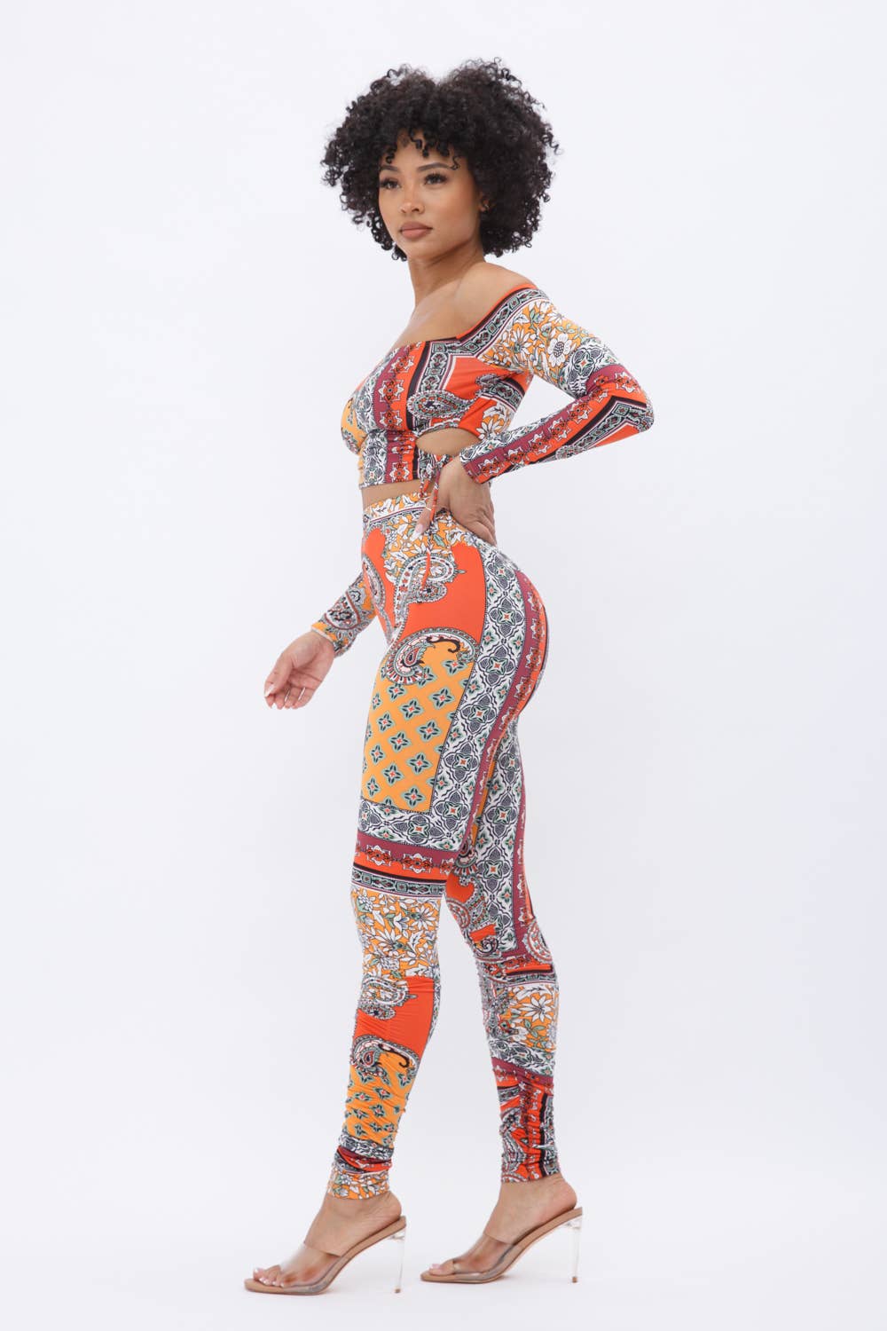 Off Shoulder Open Side Tie Long Sleeve Crop Top Leggings Set