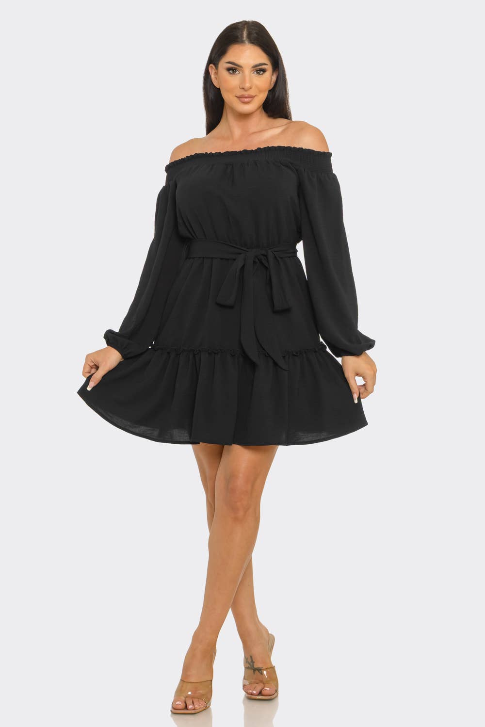 Elastic Shirring Off Shoulder Waist Belt Tie Dress