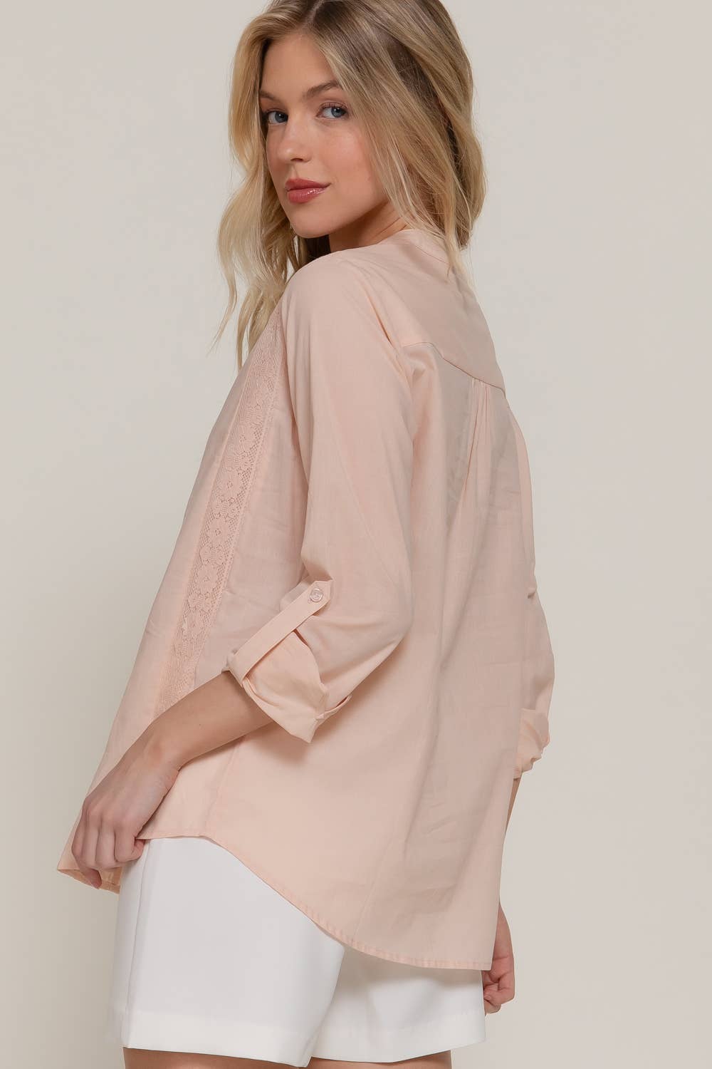 Long Sleeve Lace Panel Woven Blouse