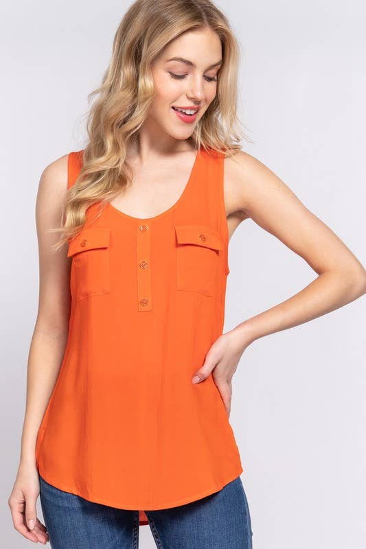 Sleeveless Scoop Neck Buttoned Pocket Woven Top