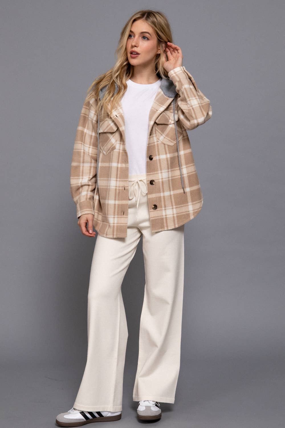 Long Sleeve Plaid Button Down with Hoodie Fleece Jacket