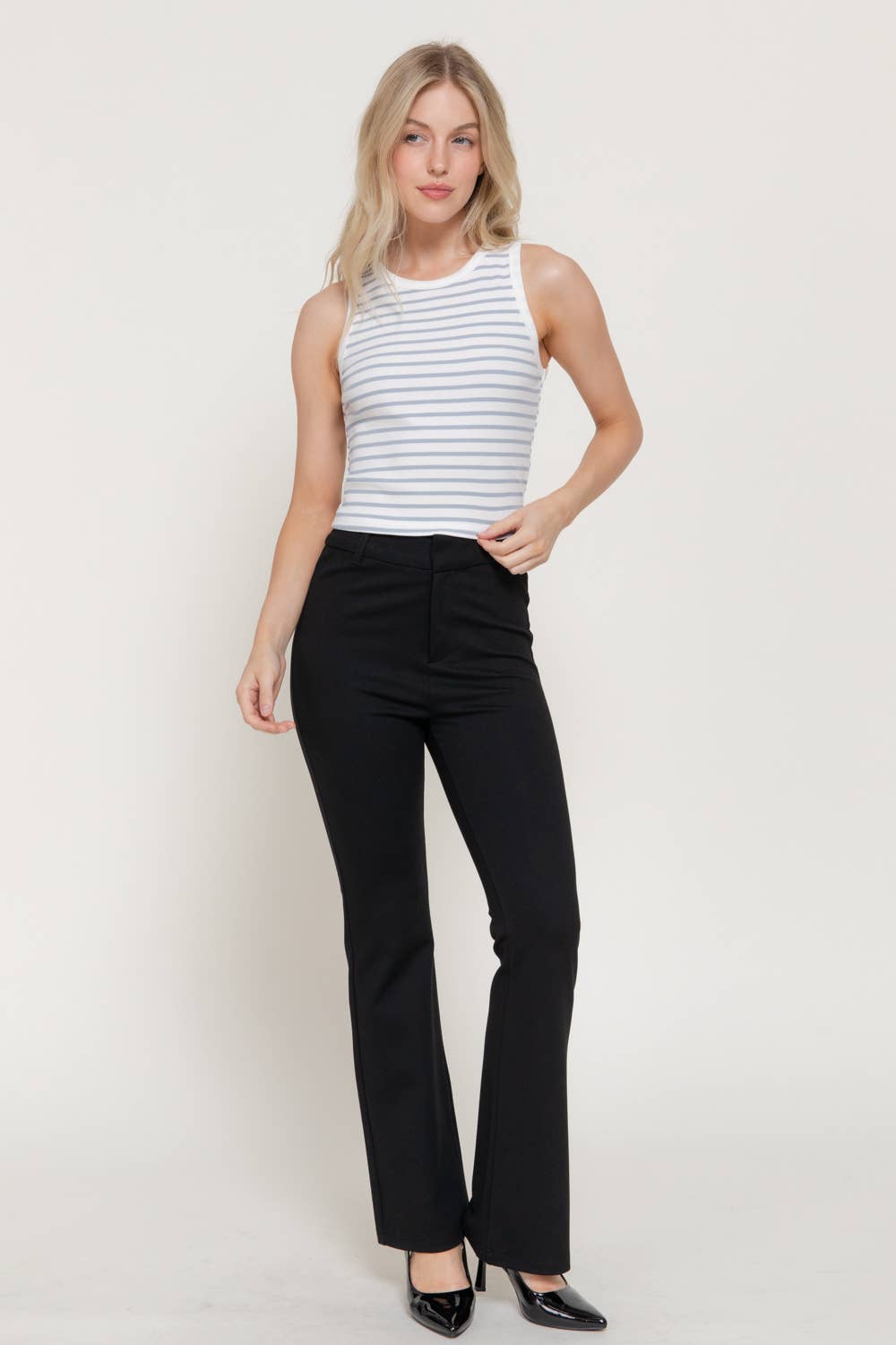 Sleeveless Round Neck Stripe Cotton Rib Knit Top