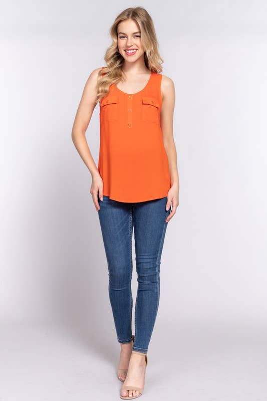 Sleeveless Scoop Neck Buttoned Pocket Woven Top