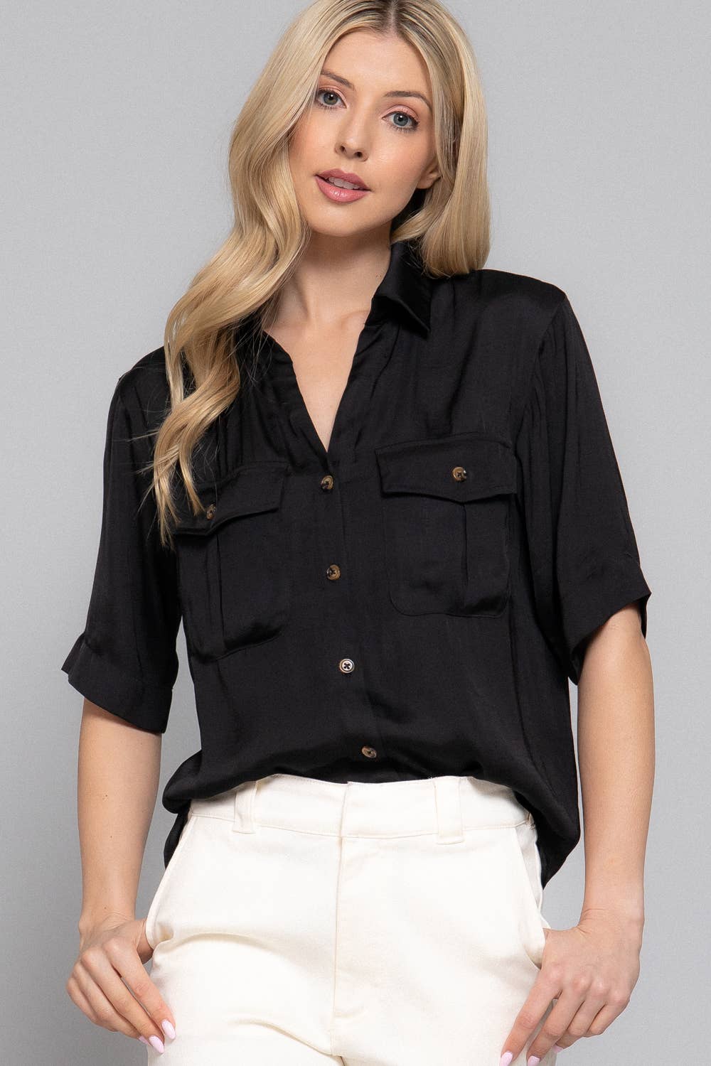 Short Sleeve Button Down Washed Dull Satin Shirt