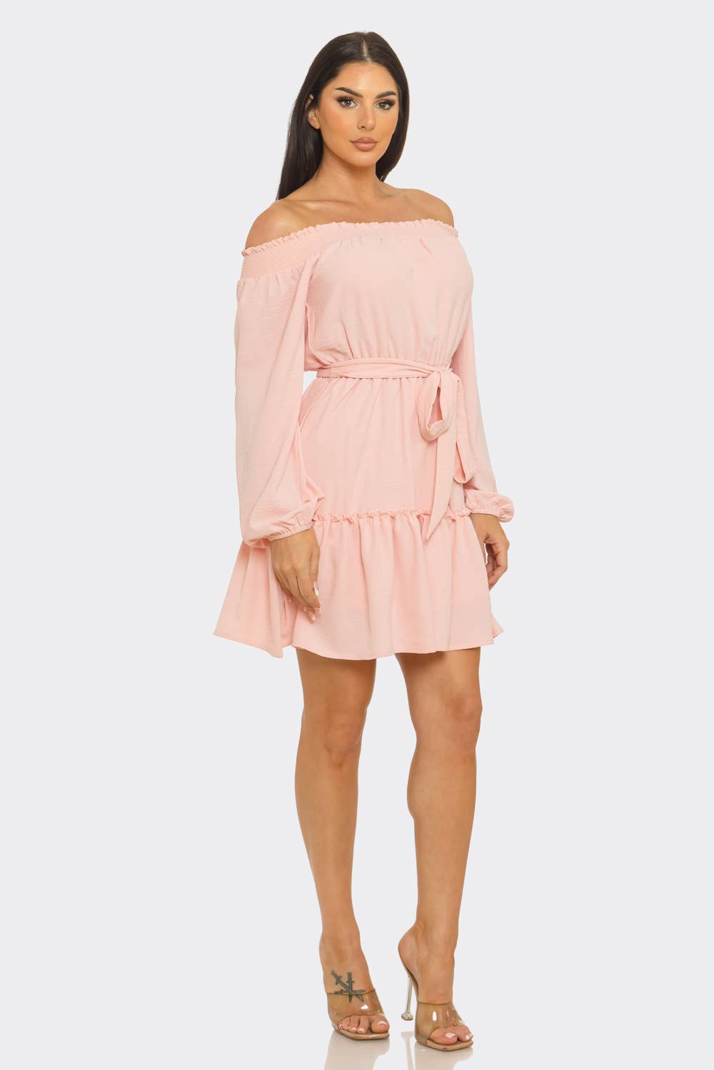 Elastic Shirring Off Shoulder Waist Belt Tie Dress