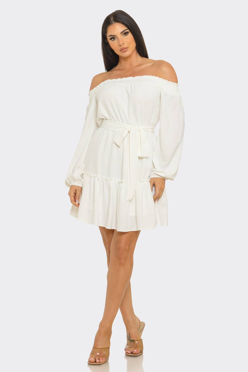 Elastic Shirring Off Shoulder Waist Belt Tie Dress