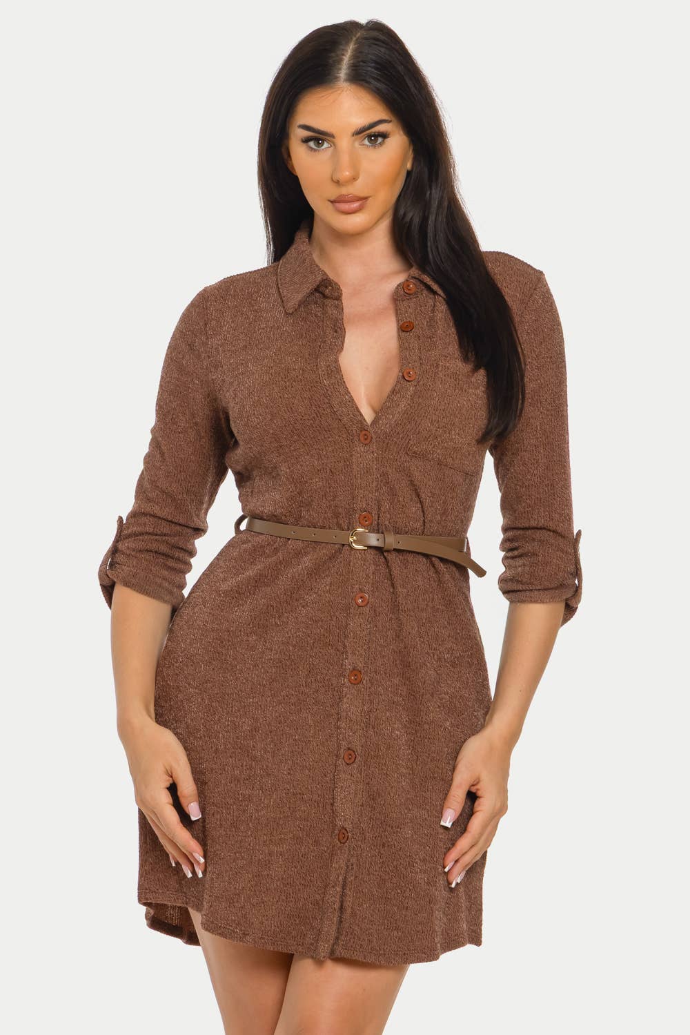Button-Down Belted Ribbed Midi Dress